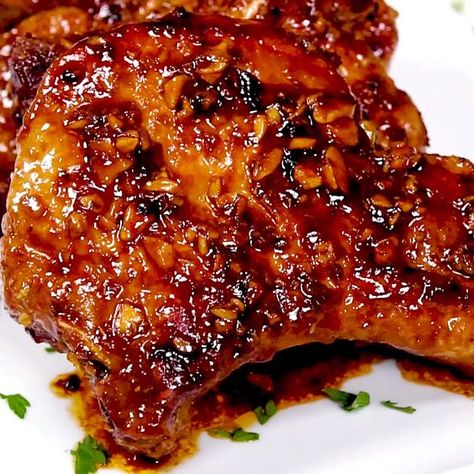 Honey Garlic Baked Pork Chops, Asian Pork Chops Baked, Sticky Pork Chops Recipe, Pork Chops Marinade Recipes, Pork Chop Asian Recipes, Pork Neck Chops Recipes, Sweet Chili Pork Chops, Bone In Pork Chop Recipe Grilled, Pork Chops With Bone Recipes