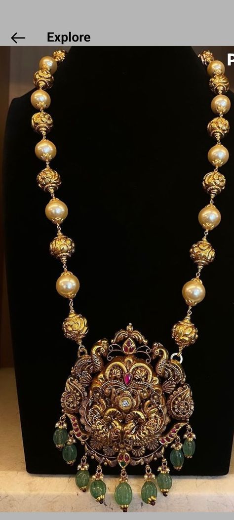 Heavy Pendants Gold Indian, Gold Beads Haram Designs, Mohanmala With Pendant, Gold Pearl Jewelry Necklace Long, Temple Jewelry Necklace Long, Gold Balls Haram Designs, Beads Jwellary Indian, Jewelry Patterns Gold Necklace Long, Gold Balls Necklace Indian