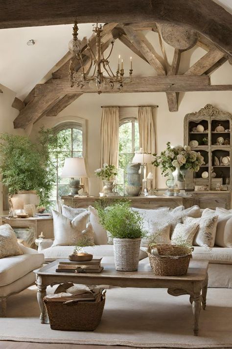 Discover the effortless charm of French Country style with our 20 easy-to-follow decorating tips. From the perfect color palette to rustic furniture, and from vintage accessories to lush greenery, this guide will help you to transform your space into a French country haven. #frenchcountry #howtodecorate French English Decor, Italian Country Side Aesthetic, Provence Interior Design Country French, Rustic Chic Interior Design, Country French Decorating, Rustic French Country Living Room, French Country Living Room Ideas, French Country Interior Design, French Country Entryway