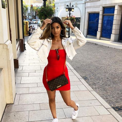 Red Mini Dress Outfit, Red Bodycon Dress Outfit, Denim Crop Jacket, Body Con Dress Outfit, Mini Dress Outfits, Red Bodycon Dress, Fall Dress Outfit, Red Mini Dress, Dress Outfit