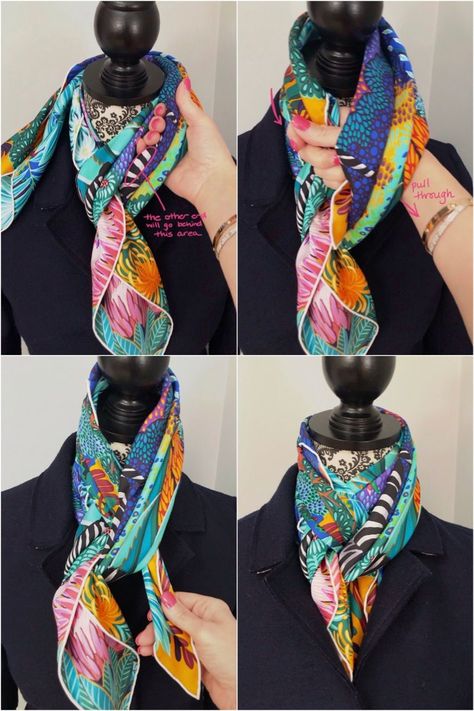 Square Scarf How To Wear A, Hermes Scarf Tying, Hermes Scarf Outfit, How To Fold Scarf, Ways To Tie Scarves, Tie A Scarf, Diy Fashion Scarf, Scarf Knots, Scarf Tutorial