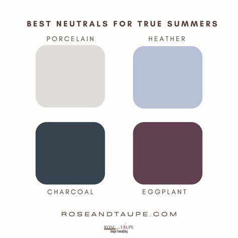 The perfect neutrals for True/Cool Summers! ☀️#coloranalysis #colorconsultation #seasonalcolor #coloranalyst #seasonalcoloranalysis #colorconsultant #softsummer #coolsummer #truesummer #truewinter #coolwinter #lightsummer #brightwinter #deepwinter #deepautumn #trueautumn #warmautumn #softautumn#truespring #warmspring #brightspring #lightspring #beauty #neutrals #neutralforsummer #summerpalette True Cool Summer, True Summer Color Palette, True Summer, Colour Consultant, Cold Summer, True Winter, Summer Color Palette, Seasonal Color Analysis, Bright Winter