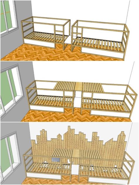 Ikea Kura triple bunk bed - plans Girls Bedroom Ideas With Bunkbeds, Triple Bunk Beds Plans, Ikea Bunk Bed, Ikea Kura Hack, Kura Hack, 3 Bunk Beds, Mommo Design, Bunk Bed Plans, Triple Bunk Beds