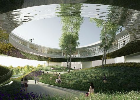 hills and clouds inspire H-O-TT's design for songdo international city library Sophie Hicks, Minimalist Building, Concrete Interiors, City Library, Mix Use Building, Architecture Design Sketch, Architecture Design Drawing, Art News, Green Architecture