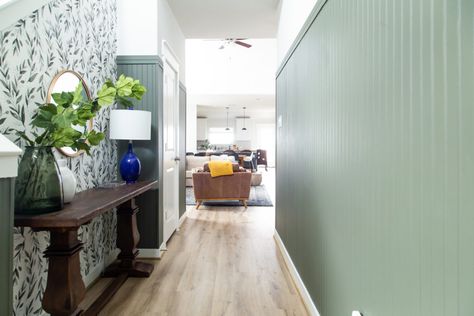 How to install beautiful tall beadboard in your entry Tall Beadboard Wainscoting, Colored Beadboard, Picture Frame Molding Diy, Green Beadboard, Wallpaper And Beadboard, Entry Hallway Ideas, How To Install Beadboard, Beige Wall Colors, Bead Board Walls