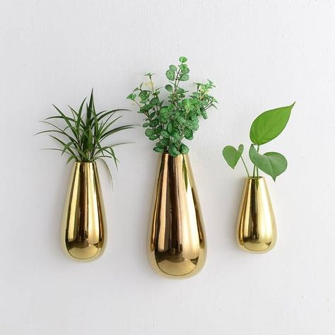 This listing is golden plated wall ceramic vases, It can be water planter or dried flowers for wall art decoration with steel nail, great for your house living room decor, The green art wall of bedroom, coffee shop decor and etc... Small Wall Ceramic Vase Size: base width is 3.3 Height Ceramic Wall Flowers, Wall Flower Vases, Wall Mounted Vase, Ceramic Wall Planters, Wall Mounted Planters, Vase Holder, Garden Vases, Vase Ceramic, Flower Holder