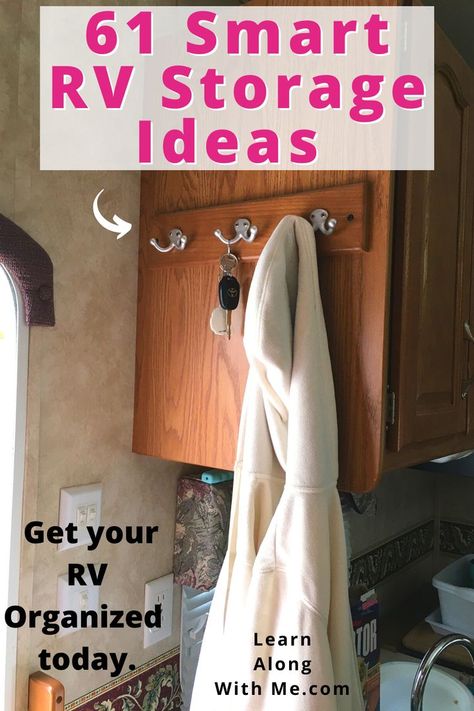 Coat hooks near your RV door can be an easy way to help organize the entryway. Convenient spot for your keys, coats and hats. 
This is just one of the RV storage ideas featured in this article. 
A lot of RV owners don't like screwing into their walls, so you can get around this by screwing organizers into the side of wooden cabinets. (Like they've done in this picture.)

If you want more RV hacks and RV organization ideas, check out the article. Will one work for you?

#rvstorageideas  #Rvhacks Rv Entryway Organization, Shoe Storage Rv Travel Trailers, Camper Broom Storage, Camper Coat Storage, Camper Coat Rack, Rv Coat Storage, Rv Shoe Organization, Rv Coat Rack Ideas, Camper Entryway Ideas