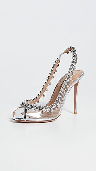 AQUAZZURA TEMPTATION 105 EMBELLISHED METALLIC LEATHER AND PVC SLINGBACK PUMPS. #aquazzura #shoes Aquazzura Temptation, Best Bridal Shoes, Silver Outfits, Aquazzura Shoes, Crystal Sandals, Bridal Heels, Gorgeous Shoes, Fabulous Shoes, Slingback Sandal