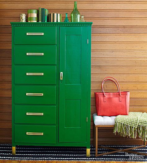 Give a century-old cabinet a lively upgrade with fresh paint and clever add-ins. Unique Paint Colors, Modern Armoire, Armoire Makeover, Pretty Storage, Old Cabinets, Diy Trends, Retro Home Decor, Paint Furniture, Colorful Furniture