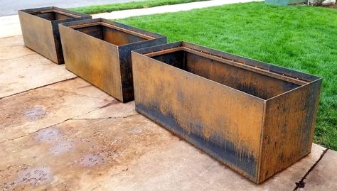 Planter Boxes — JMP Custom Metal Fabrication Sheet Metal Planter Boxes, Metal Flower Box, Radish Ideas, Steel Planter Boxes, Patio Planter Boxes, Industrial Planter, Yard Planters, Front Porch Plants, Raised Planter Boxes