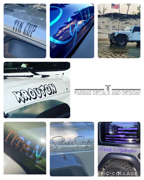 Jeep hood decal custom designed Jeep Side Decals, Jeep Name Decal Placement, White Jeep Names Ideas, Jeep Decal Ideas, Jeep Names Decals, Jeep Decals Vinyls, Jeep Hood Decals, Jeep Wranger, Jeep Names