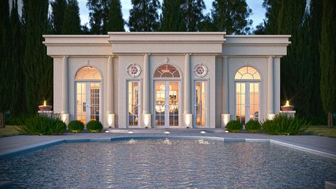 Guest House Exterior, Stone Pool House, New Classic Villa, House Pillars, Pool House Cabana, Classical Villa, Architecture Advertising, House Images, Bungalow Style House