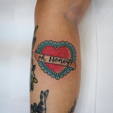 Oh honey heart script tattoo - Trixie Mattel drag queen tattoo Trixie Mattel Tattoo, Oh Honey Tattoo, Trixie Mattel Tattoo Ideas, Drag Race Tattoo Ideas, Drag Tattoo, Love Heart Candy Tattoo, Drag Queen Tattoo, Honey Tattoo, Faith Tattoo On Wrist