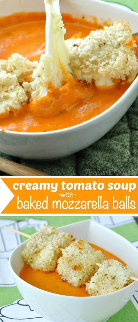 Creamy Tomato Soup topped with crispy, cheesy, Baked Mozzarella Balls :: via peasandcrayons.com Mozzarella Soup, Baked Mozzarella, Mozzarella Balls, Vegetarian Comfort Food, Creamy Tomato Soup, Savory Soups, Soup And Sandwich, Fabulous Foods, Tomato Soup