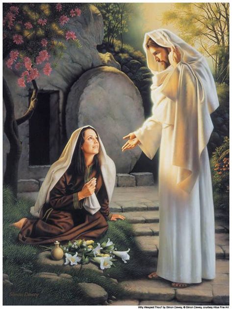 Mary stood weeping outside the tomb; and as she wept, she bent down to look inside. She saw two angels in white, sitting where the body of Jesus had been, one at the head, and the other at the feet. They said, “Woman, why are you weeping?” She answered, “Because they have taken my Lord and I don’t know where they have put him.” As she said this, she turned around and saw Jesus standing there, but she did not recognize him. Jesus said to her, “Woman, why are you weeping? Who are you looking for?” Christ Painting, Steam Lessons, Panna Marie, Story Images, Marie Madeleine, Maria Magdalena, Pictures Of Christ, Lds Art, Pictures Of Jesus Christ