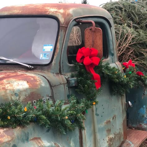 Red Pickup Truck Christmas Photos, Old Truck Christmas Photos, Vintage Truck Yard Decor, Antique Truck Christmas Family Pictures, Old Ford Truck Christmas Photos, Old Truck With Christmas Tree In Back, Old Truck Photography, Christmas Farm, Christmas Parade