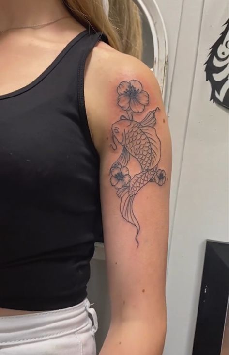 Koi Fish Tattoo With Flowers, Fish Tattoo With Flowers, Tattoo With Flowers, Fish Stencil, Koi Fish Tattoo, Fish Tattoo, Dope Tattoos For Women, Flowers Tattoo, Back Tattoo Women