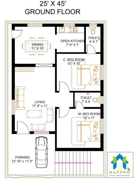 Top 40 Unique Floor Plan Ideas  For Different Areas - Engineering Discoveries Civil Drawing, Pelan Rumah Kecil, 20x30 House Plans, Ground Plan, 20x40 House Plans, 30x40 House Plans, 2bhk House Plan, Cost Calculator, Indian House Plans