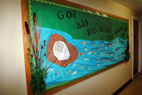 Baby Moses bulletin board with fish that the children decorated. Moses And Red Sea, Infant Bulletin Board, Sea Bulletin Board, Bible Bulletin Boards, Class Bulletin Boards, Sunday School Classroom, Church Bulletin Boards, Preschool Bulletin, Baby Moses