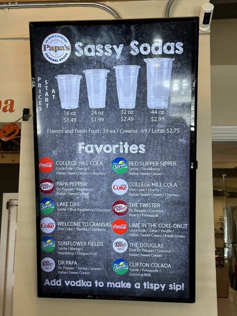 The dirty soda craze has arrived at Papa's General Store's with Sassy Sodas | Wichita By E.B. Soda Shoppe Aesthetic, Dirty Drink Recipes, Mobile Soda Bar, Soda Bar Menu Ideas, Gourmet Soda Recipes, Mormon Soda Recipes, Utah Soda Recipes, Sonic Dirty Soda, Dirty Soda Bar Drink Stations