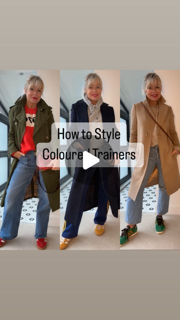 Fran Bacon on Instagram: "I have an addiction to coloured gazelles and sambas 😉Which colour do you prefer ❤️💙💛💚 ? Just add socks 🙌🏻 Look 1: Jumper @bella_freud @32theguild Jeans @seventymochi Trainers @adidasoriginals gazelles Trench @burberry Bag @loewe Outfit 2: Jumper @raefeather Jeans @thefashion_lift x @donnaida old design Trainers @adidasoriginals gazelles Fleece @damsonmadder Outfit 3: Trainers and tracksuit bottoms @adidasoriginals Hoody @hm Coat @insidejigsaw Bag @kaaibags Outfit 4 Jumper @zara Jeans @citizensofhumanity Trainers @adidasoriginals x @walesbonner Coat @jaegerofficial old Bag @chloe #adidasgazelle #adidas #sneaker #sneakeraddict #howtostyle #trainers #adidasoriginals #adidassamba" Retro Trainers Outfit, Coloured Sneakers Outfit, Colourful Trainers Outfit, Purple Gazelle Adidas Outfit, How To Style Gazelle Adidas, Brown Adidas Outfit, Blue Trainers Outfit, Gazelle Bold Shoes Outfit, Trainer Outfit Women