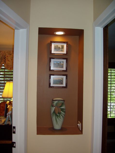 Rather than end the skinny hallway with no focal point, an art niche was added. Recessed Wall Niche Decor, Wall Niche Decorating, Decorating A Niche In A Wall, Large Wall Niche, Niche Decorating Ideas, Wall Niche Decor, Stone Wall Interior Design, Wall Niche Ideas, Recessed Wall Niche