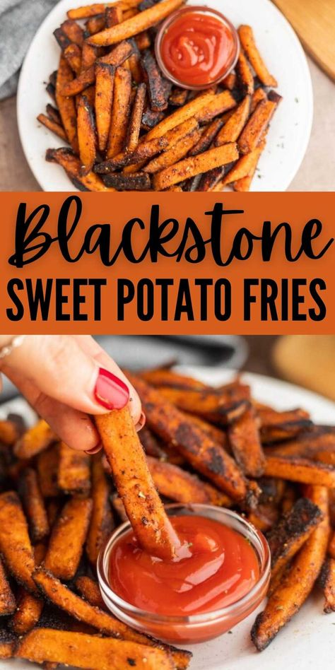 Blackstone Griddle Recipes Dinners, Sweet Potato Fries Seasoning, Grilled Sweet Potato Fries, Blackstone Cooking, Grilled Dinner Recipes, Griddle Cooking Recipes, Frozen Sweet Potato Fries, Freeze Sweet Potatoes, Sweet Potato Recipes Fries