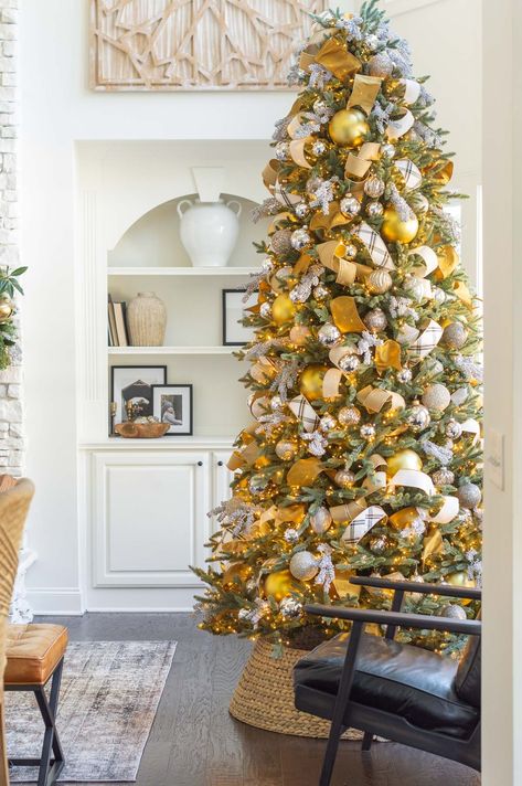 2024 Christmas Home Tour - Kelley Nan Yellow Christmas Tree Decorations, Silver And Gold Christmas Tree, Yellow Christmas Tree, Silver And Gold Christmas, Large White Vase, Christmas Tree Colour Scheme, Yellow Christmas, Tall Christmas Trees, Gold Christmas Tree Decorations