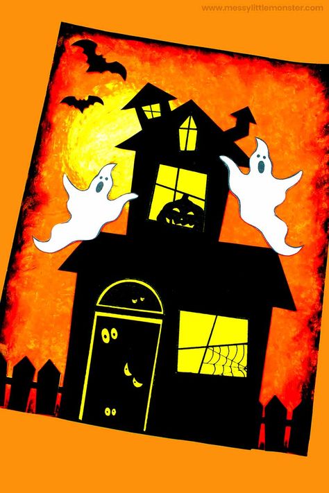 Halloween craft How To Draw A Haunted House Step By Step, Halloween Art 2nd Grade, Halloween Craft Templates, Halloween Art Ideas, Haunted House Art, Scary Halloween Crafts, Halloween Ghost Craft, Haunted House Craft, Spooky Halloween Crafts