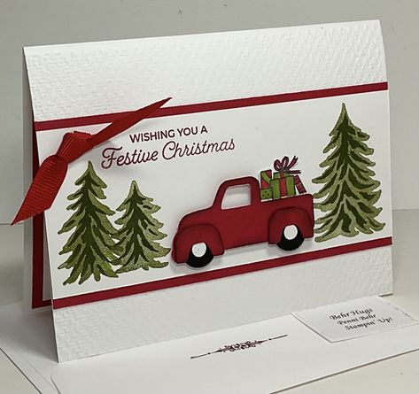 Stampin Up Truckin Along Christmas Cards, Su Trucking Along Christmas Cards, Trucking Along Christmas Cards, Christmas Cards With Tags On Them, Country Christmas Cards Handmade, Stampin Up Loads Of Love Cards, Stampin Up Simple Christmas Cards 2023-2024, Hand Stamped Christmas Cards, Stampin Up Trucking Along Cards