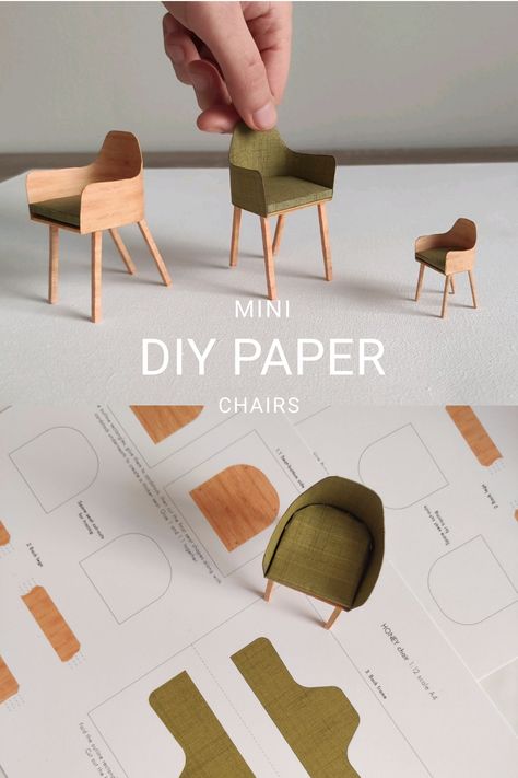 Learn how to create a miniature paper chair model in 1:12 scale with this easy-to-follow DIY tutorial. Perfect for dollhouses, dioramas, or crafting enthusiasts, this project offers a creative outlet to personalize your miniature scenes. Miniature Chair Diy Tutorials, How To Make A Miniature Chair, Paper Craft Miniature, Miniature Chair Tutorial, Miniature Cardboard Furniture, Diy Miniature House Cardboard, Interior Design Model Making, Mini Chair Diy, Easy Architecture Model