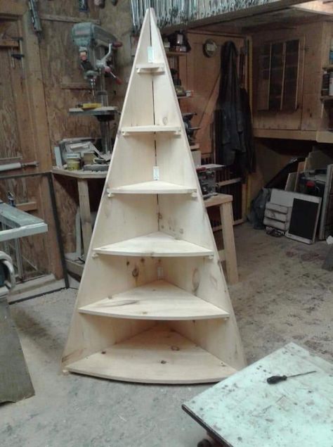 Corner Christmas tree display. And it folds up for storage!!! Tree Corner Shelf, Christmas Tree Corner, Tree Corner, Corner Christmas Tree, Christmas Tree Village Display, Christmas Tree Village, Tree Shelf, Diy Christmas Village, Silver Christmas Decorations