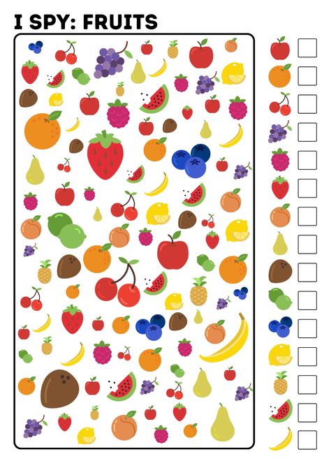 In this resource you will find a set of different I Spy games. This is an expanding resource, which means that it will be updated from time to time with new games. Fruit Games For Kids, Printable Kids Activities, Rozpoznawanie Liter, I Spy Printable, Logic Games For Kids, Visual Perceptual Activities, Visual Perception Activities, Maluchy Montessori, Find The Difference