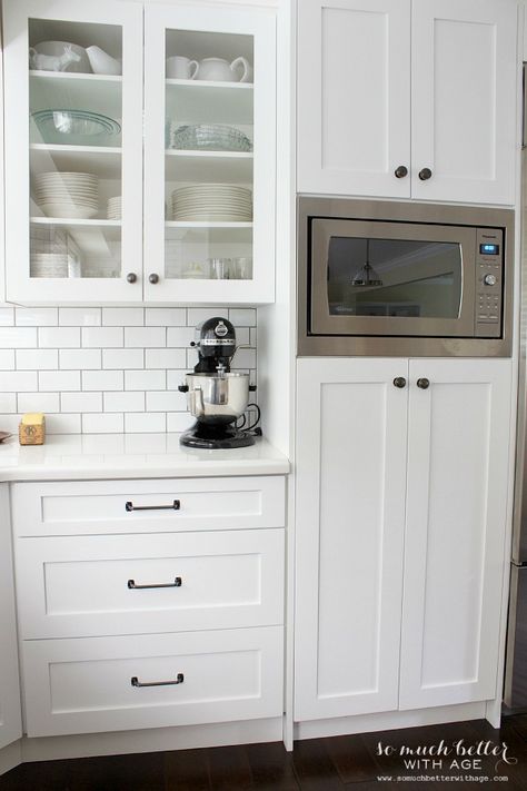 Built-in microwave / Industrial Vintage French kitchen | somuchbetterwithage.com Built In Microwave Cabinet, Vintage French Kitchen, Kitchen Pantry Design, Farmhouse Kitchen Cabinets, Kitchen Cabinets Decor, New Kitchen Cabinets, Kitchen Cabinets Makeover, Classic Kitchen, Shaker Cabinets