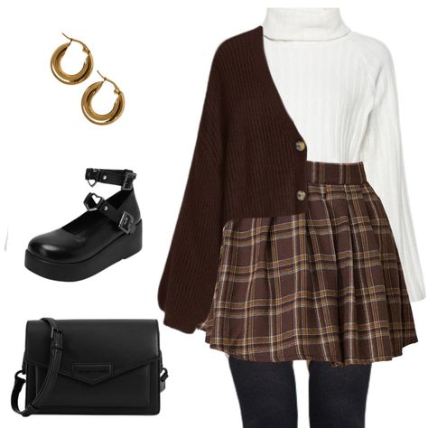 Brown Outfit with Skirt, White Turtleneck, Brown Cardigan, Black Tights, Handbag, Black Shoes, and Gold Earrings. Brown Outfit With Skirt, Brown Outfit Aesthetic Winter, Brown And Black Outfit Ideas, Brown And White Outfit Ideas, How To Style Brown Plaid Skirt, Black And Dark Brown Outfit, Black And Brown Aesthetic Outfit, Brown Checked Skirt Outfit, Autumn Outfits Brown Skirt