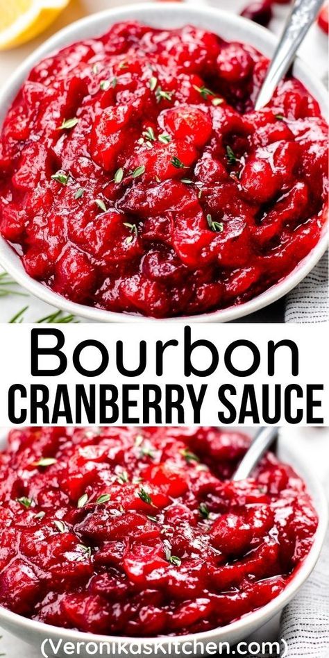 Homemade bourbon cranberry sauce in a bowl with a spoon. Cranberrysauce Thanksgiving, Bourbon Cranberry Sauce, Whole Cranberry Sauce, Homemade Cranberry Sauce Recipe, Cranberry Bites, Dishes Ideas, Whiskey Recipes, Favorite Christmas Recipes, Classic Thanksgiving