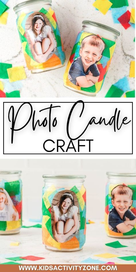 This easy DIY Photo Candle Craft is so easy to make and the best gift for Mother's Day, Grandparents Day, Christmas, and more! All you need is an inexpensive candle from the dollar store, tissue paper, Mod Podge and a picture of your child. Make this easy homemade gift for all occasions. Store Tissue Paper, Candle Pictures Diy, Diy Photo Candles, Homemade Snow Globes, Photo Candle, Candle Holder Crafts, Pic Candle, Easy Homemade Gifts, Inexpensive Christmas Gifts