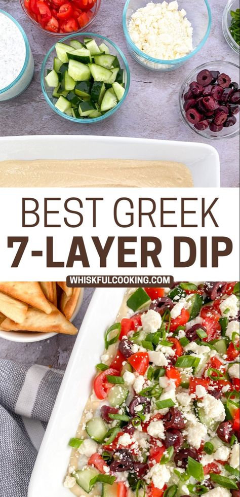 Top picture has all the ingredients in separate bowls and the bottom has the Greek 7-Layer Dip in a dish with pita chips on the side Greek Chip Dip, Hummus Tzatziki Dip, Dips With No Cheese, Greek Layered Hummus Dip Recipe, 7 Later Greek Dip, 7 Layer Greek Hummus Dip, Hummus Feta Cucumber Dip, Greek Hummus Dip Layered, Seven Layer Greek Dip