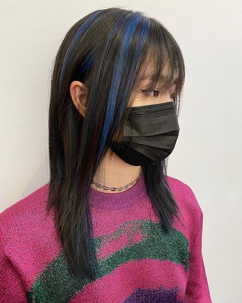 Blue Strands Hair, Two Front Strands Of Hair Dyed Blue, Blue Front Strands Of Hair, Blue Hair Strands, Blue Strands In Hair, Blue Highlights In Black Hair, Highlights Underneath Hair, Blue Highlights In Brown Hair, Color Stripping Hair