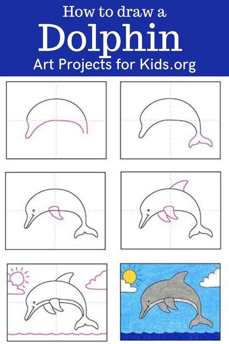 Learn how to draw a dolphin with an easy step-by-step PDF tutorial. #howtodraw #tutorial #drawing #drawingtutorial #arttutorial #artprojectsforkids #howtodrawforkids #dolphin Draw A Dolphin, Inslee Haynes, Dolphin Drawing, Crayon Drawing, Arty Ideas, Dolphin Coloring Pages, Kids Canvas Art, Dolphin Art, Yearbook Covers