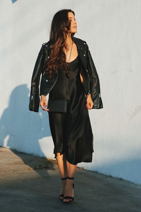 Slip Dress Outfit Night, Black Slip Dress Outfit, How To Style A Slip Dress, Silk Dresses Outfit, Andee Layne, Slip Dress Outfit, Leather Jacket Dress, Black Silk Dress, Dress Leather