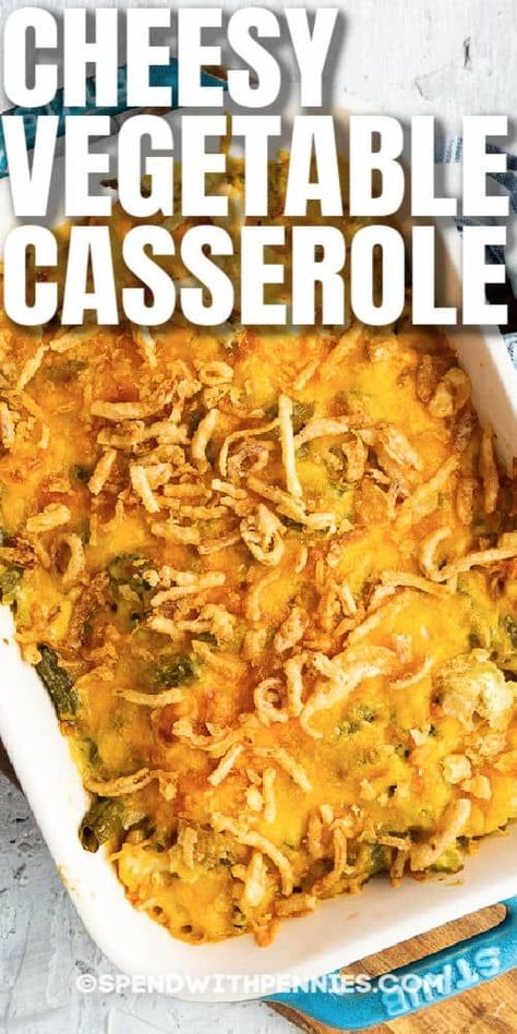 This yummy vegetable casserole is chock full of veggies in an easy creamy sauce. If you like green bean casserole, you'll love this side. The perfect quick and easy holiday side! #spendwithpennies #vegetablecasserole #recipe #maindish #cheesy #easy #healthy #creamy #best #makeahead Easy Creamy Sauce, Cheesy Vegetable Casserole, Cheesy Recipes Easy, Mixed Vegetable Casserole, Quick Easy Side Dishes, Cheesy Vegetable, Vegetable Casserole Recipes, Veggie Casserole, Cooking Green Beans