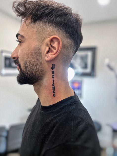 Neck Script Tattoo, Patience Tattoo, Toronto Tattoo, Tattoo Toronto, Script Tattoo, Tattoo Script, Tattoo Ink, Neck Tattoo, Tattoo Artist