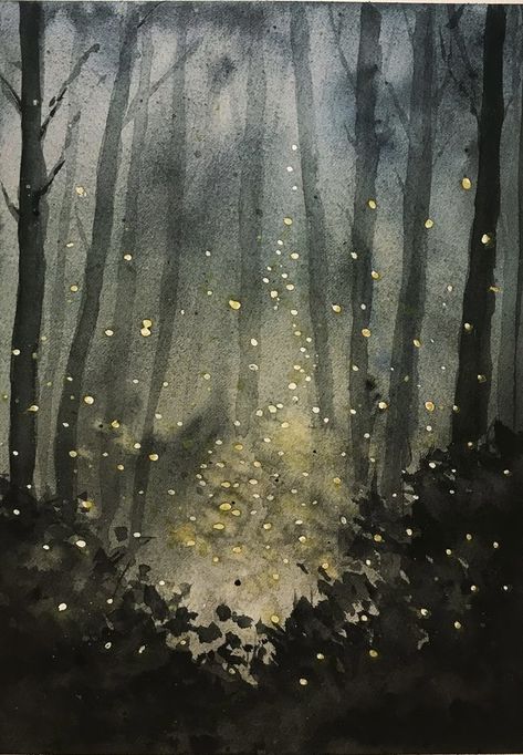 Day And Night Watercolor Painting, Fireflies Watercolor Paintings, Watercolor Night Painting, Watercolor Glow Effect, Firefly Watercolor Paintings, How To Draw Fireflies, Firefly Painting Ideas, How To Draw A Firefly, Dark Forest Watercolor