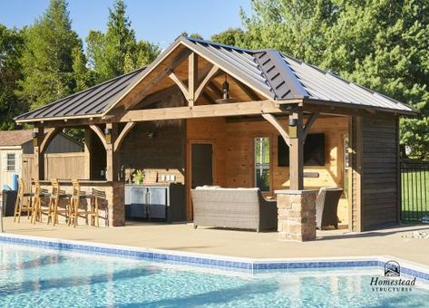 A Custom Timber Frame Avalon with Bar, Lounge, & Storage Outdoor Pavilion With Bathroom, Pool Pavilion Ideas With Bathroom, Outdoor Pool Gazebo Ideas, Pond Pavilion Ideas, Country Outdoor Patio Ideas, Pool Shed With Bathroom, Cabana Ideas Backyard Poolside, Rustic Pool House Ideas, Pool House Ideas Backyards