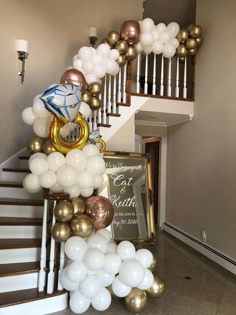 The balloon garland at this 'We’re Engaged' Engagement Party is amazing!  See more party ideas and share yours at CatchMyParty.com #catchmyparty #partyideas #engagementparty Engagement Party Checklist, Engagement Party Balloons, Planing Ideas, Engagement Party Decorations Diy, Backyard Engagement, Engagement Party Ideas, Backyard Engagement Parties, Engagement Party Diy, Engagement Party Themes