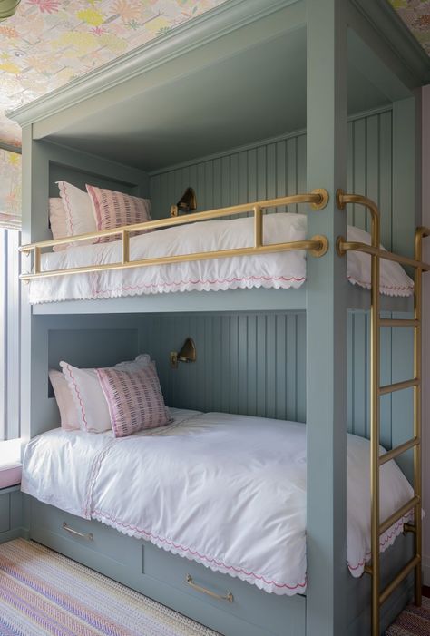 Built In Bunk Bed With Bookshelf, Chris Loves Julia Bunk Beds, Built In Bunk Beds With Book Shelves, Scalloped Bunk Bed, Beach House Bunk Beds Coastal, Built In Bunk Beds With Ladder, Bunk Bed Inspiration, Bunk Room Wallpaper, Coastal Bunk Bed Rooms