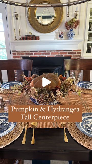 Skye Hamilton • Home & Garden • Hydrangea Queen on Instagram: "Easy pumpkin and hydrangea centerpiece! I was inspired by the pumpkin stack from @contained_creations and it gave me the idea of using a similar look for a centerpiece. 
What you’ll need :
* Bowl or platter
* Filler for the bowl
* A pumpkin or faux pumpkin slightly smaller than the vessel 
* Dried or faux hydrangeas 
* Your choice of fall picks-stems, leaves, berries, feathers, fruit etc
Arrange in anyway that you want, creating basically a wreath around the pumpkin. I love the look of the chinoiserie bowl, but you could use anything. And make it as chic or rust as you want. This is the perfect everyday fall centerpiece or highlight to your holiday table.  #harvesttable #falltablescape #falltabledecor #falltable #pumpkincenterp Garden Hydrangea, Pumpkin Stack, Hydrangea Centerpiece, Faux Hydrangea, Hydrangea Garden, Faux Pumpkins, Harvest Table, Stacked Pumpkins, Fall Tablescapes