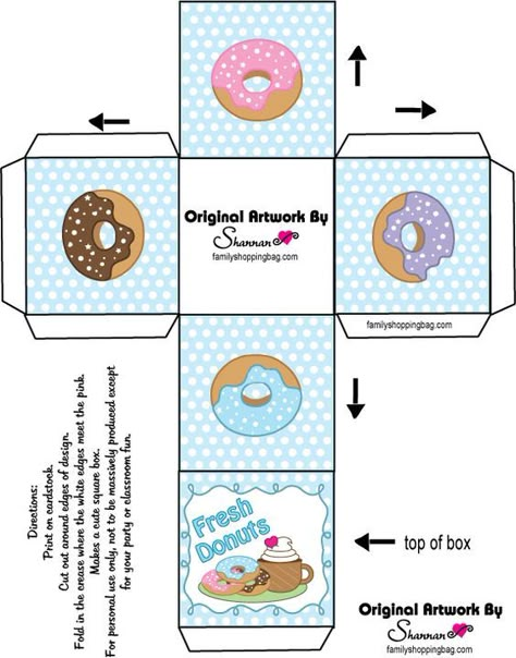 Print and fold this kawaii donut box! Donut Box, Barbie Printables, Kawaii Crafts, Printable Box, Paper Toys Template, Dollhouse Printables, Milk Box, Doll Food, Kraf Diy