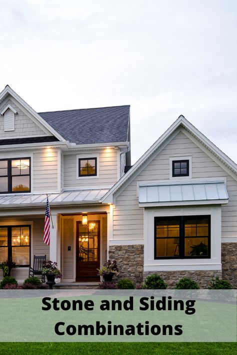 You have a wide range of color options to create a distinguished aesthetic with your siding and stone exterior. A monochromatic color scheme is a simple, yet elegant, option, either with matching colors or slightly different shades of the same color. Siding And Brick Combinations, Siding And Stone Exterior, Siding Combinations, Siding Styles, Exterior House Colors With Stone, White Siding, Siding Options, Stone Exterior, Siding Colors